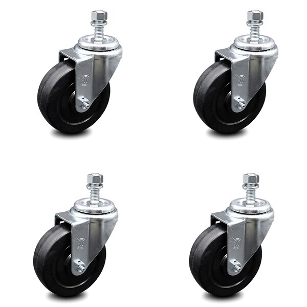 4 Inch Soft Rubber Wheel Swivel 12mm Threaded Stem Caster Set